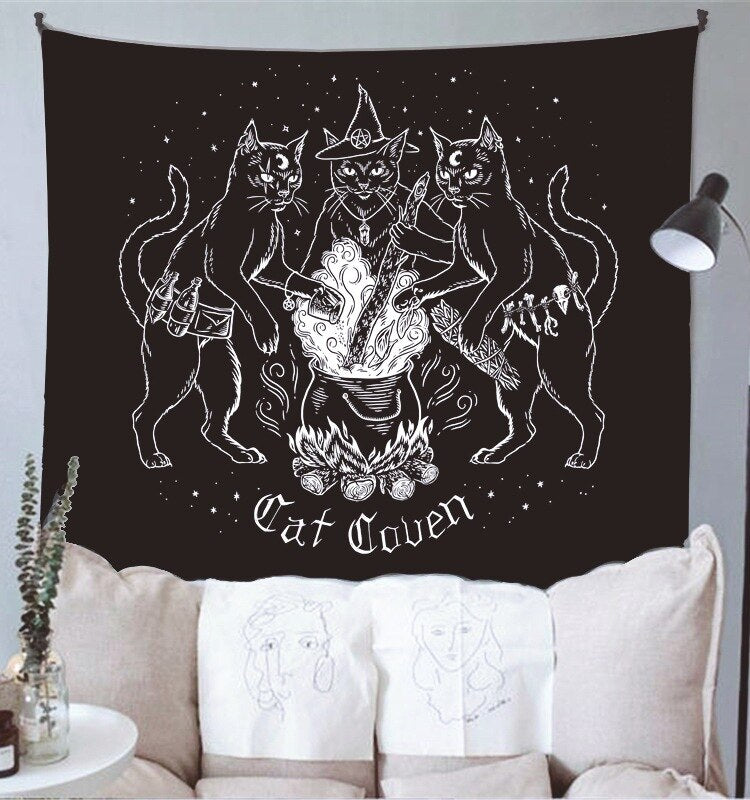 Cat Witchcraft Tapestry Wall Hanging Tapestries Mysterious Divination Baphomet Occult Home Wall Black Cool Decor Cat Coven