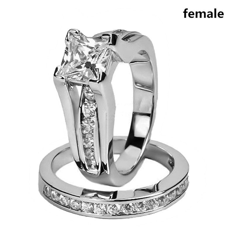 Skhek Romantic Zircon Couple Rings Stainless Steel Men's Ring And Simple Crystal Zircon Women Rings Set Wedding Ring