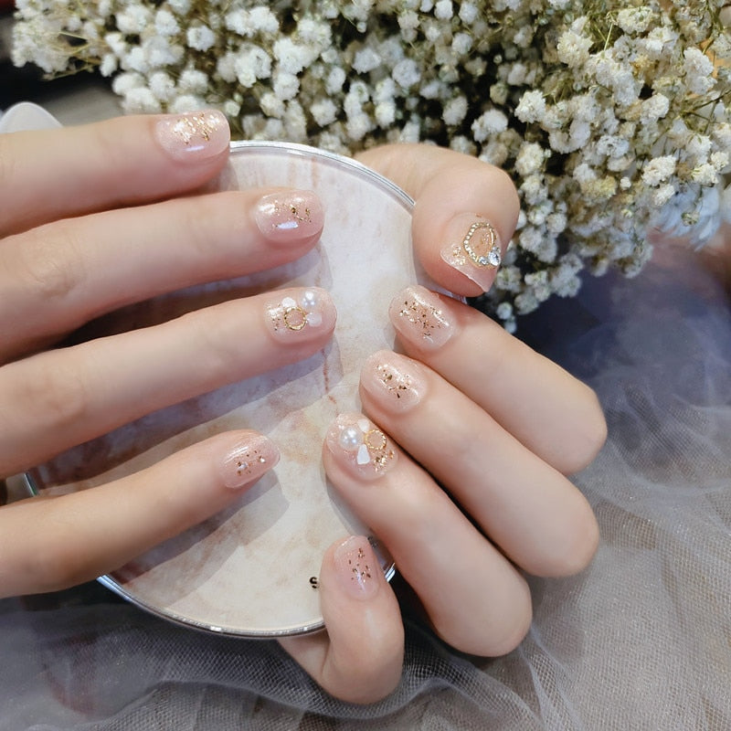 SKHEK Bride Shining Rhinestone Wedding False Nails Ladies Simple Fashion French Fake Nails White Beige Acrylic Nail Tips With Glue
