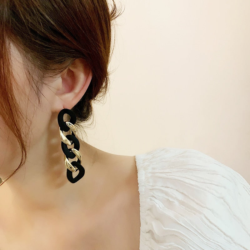 SKHEK 2022 Black White Contrast Color Acrylic Long Drop Earrings Stitching Geometric Round Chain For Women Girls Jewelry