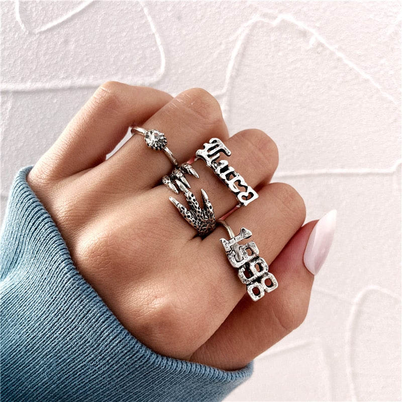 Skhek Punk Vintage Silver Color Heart Sword Ring Set for Women Gothic Dice Anillos Hip Hop Y2k Korean Fashion Male Gift Jewelry