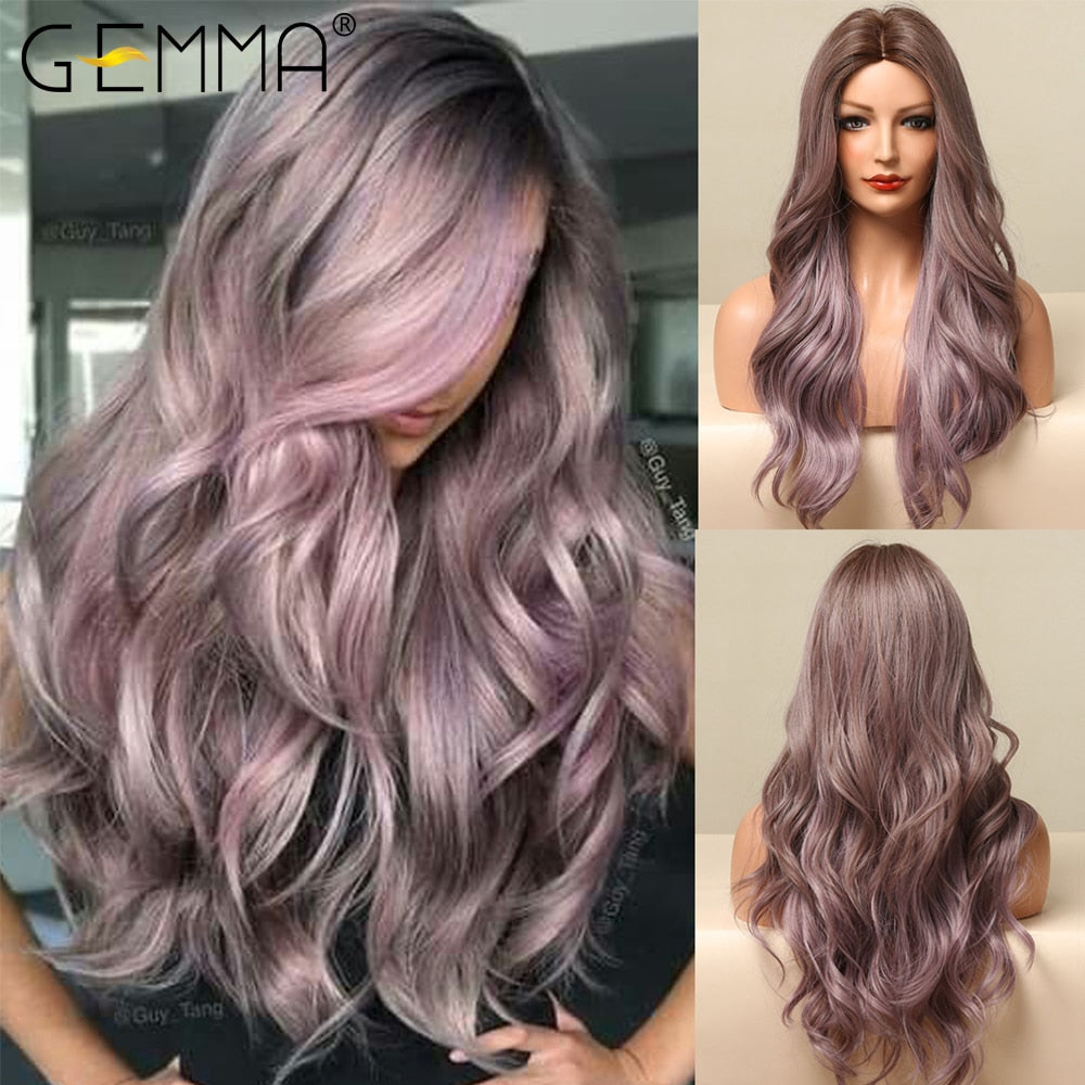 Long Wavy Ombre Brown Purple Synthetic Wigs for Women Heat Resistant Natural Middle Part Cosplay Party Lolita Hair Wigs