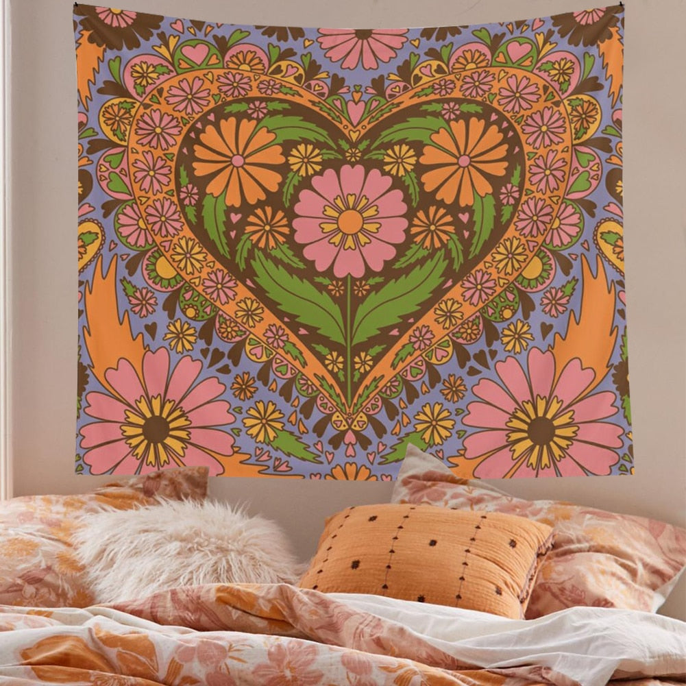Vintage Flower Wall Tapestry Hanging 80S Retro Wall Decor Tapestries Bedroom Drom Room 90S Floral Heart Wall Decor Tapestry