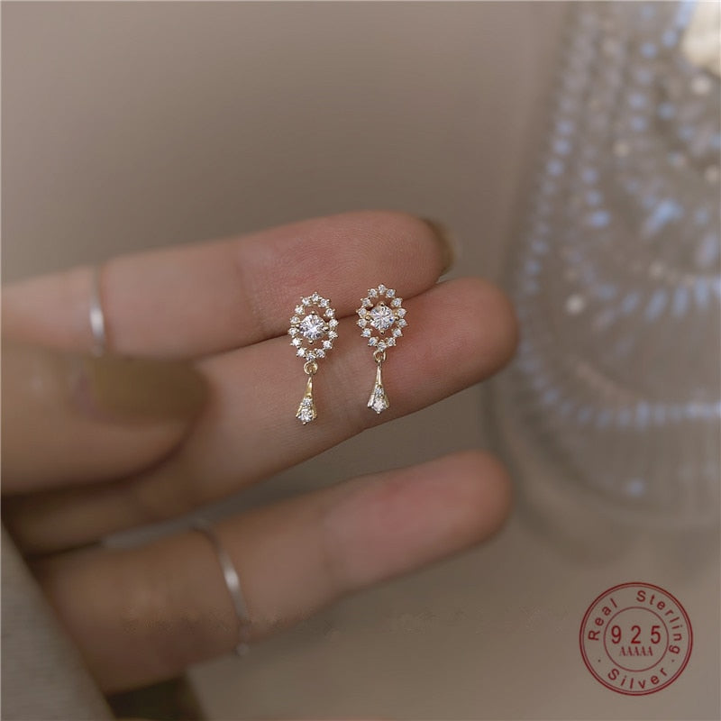 Skhek 925 Sterling Silver French High-Quality Crystal Tassel Drop Plating 14k Gold Earrings Women Noble Luxury Wedding Gift Jewelry