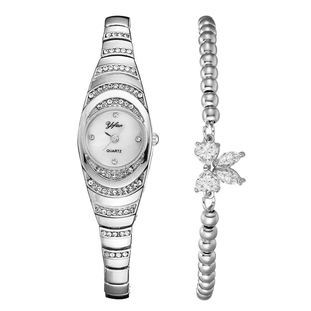 Christmas Gift 2pcs/set Fashion Women Watch Delicate Rhinestone Silver Watch Bracelet For Women Luxury Ladies Wrist Watch Relogio Feminino