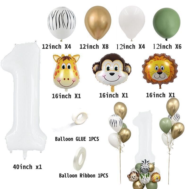 28PCS Jungle Animal Balloon Kit With White Number Monkey Lion Foil Balls For Kids Birthday Party Decoration DIY Home Supplies