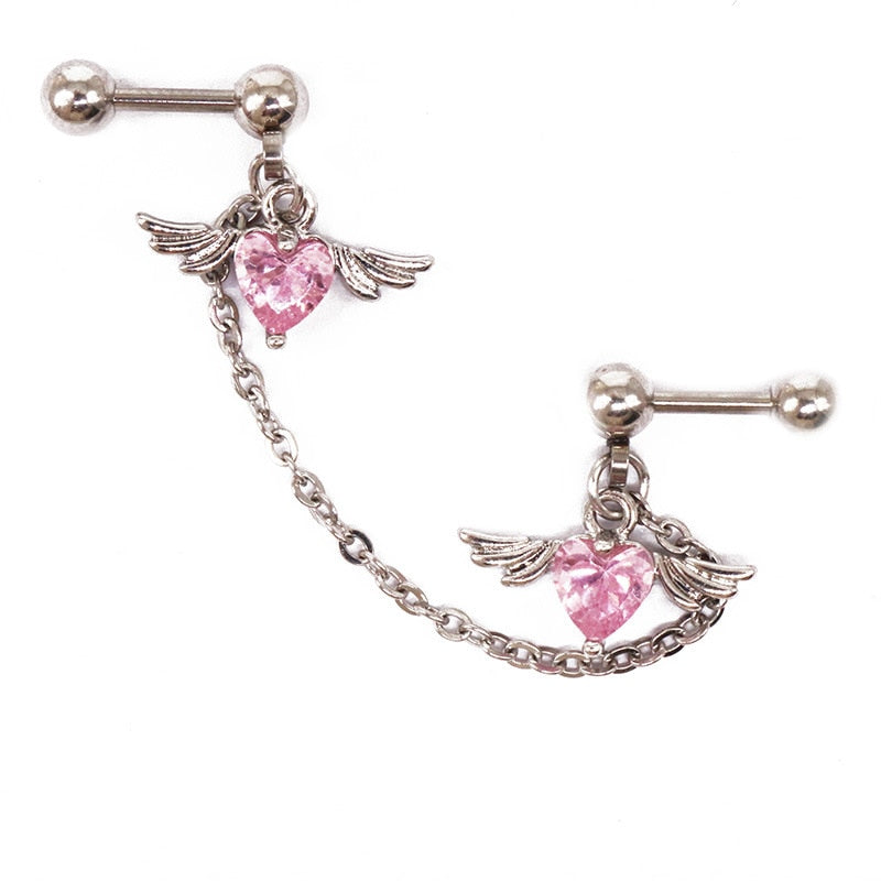 2 PCS Helix Piercing Angel Wings Double Lobe Earring Chain Cartilage Earring Studs 1.2mmbarTragus Dangle body jewelry