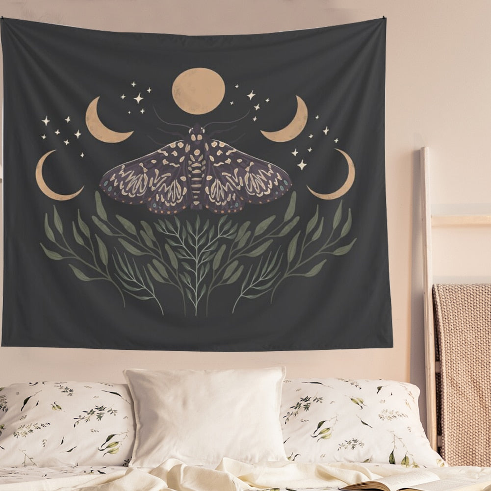 Moon Phase Tapestry Wall Hanging Bohemian Gypsy Psychedelic Tapiz Black Sun Witchcraft Divination Tapestry Butterfly Decor