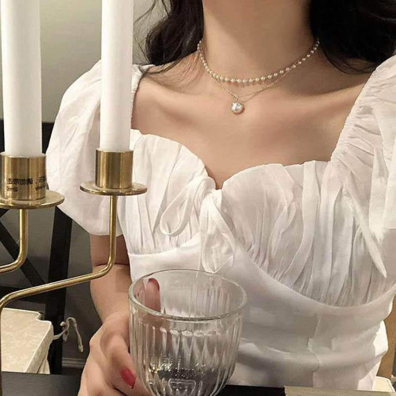Kpop Pearl Necklace Gold layered Chain Choker Woman egirl Bridesmaid Gift Dainty Angel Necklace collares mujer collier Jewelry