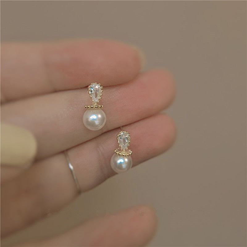 Christmas Gift 925 Sterling Silver Japanese Water Drop Crystal Pearl Plating 14k Gold Stud Earrings Women Small Fresh Charm Party Jewelry