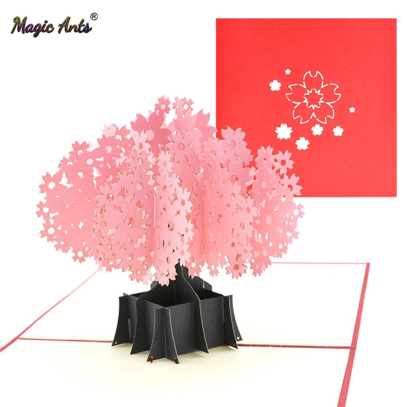 3D Cherry Tree Pop-Up Flower Cards for Mothers Day Birthday Gift with Envelope Sakura Greeting Card Postcards