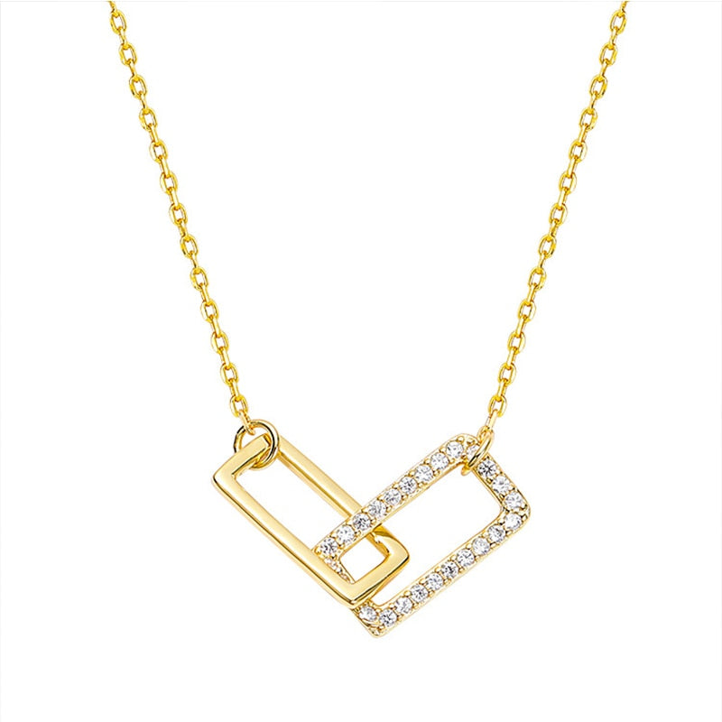 925 Strling Silver Double Square Shape Necklace Shine Diamond Pendant Necklace for Women Fashion Jewelry Cute Accessories