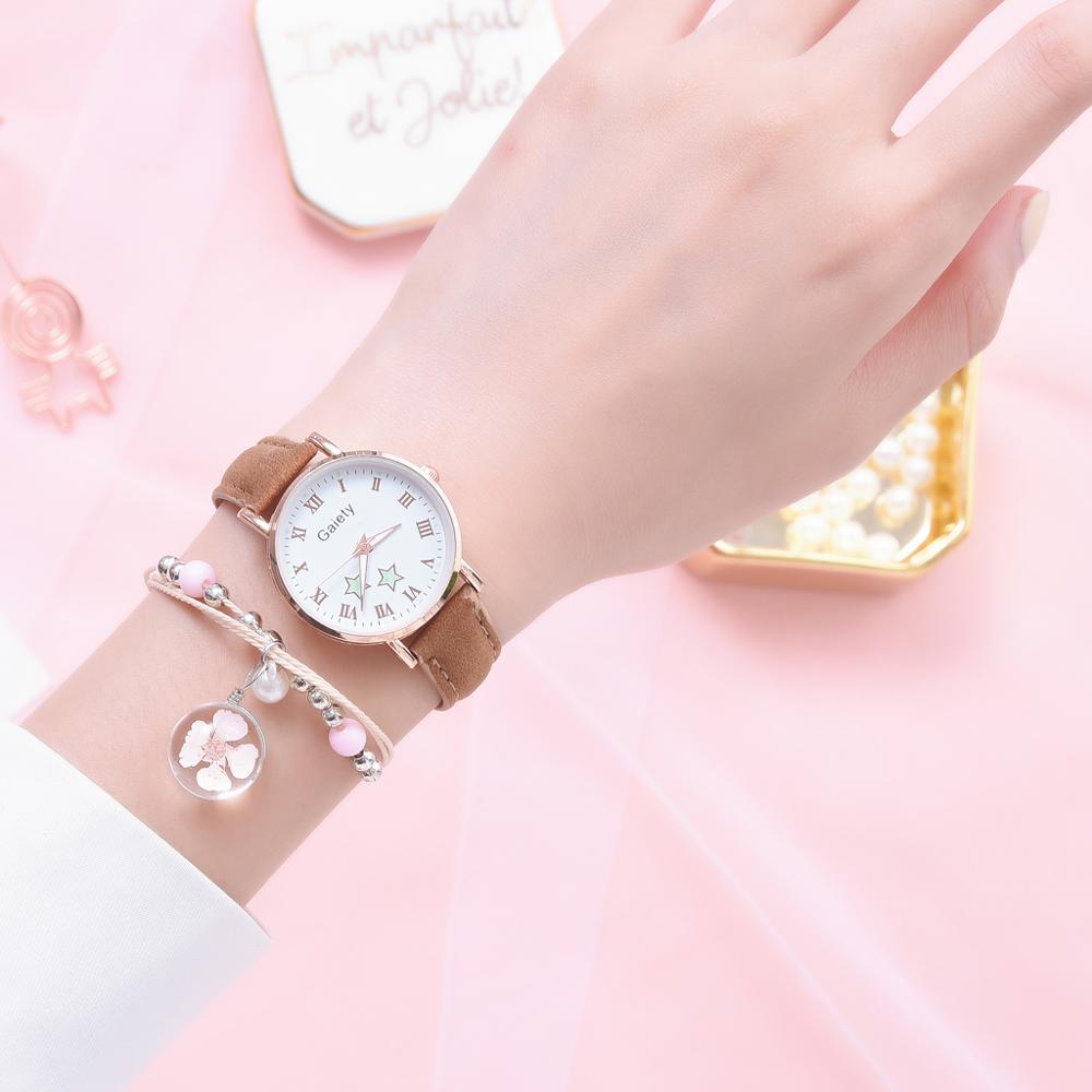 Christmas Gift Fashion Luminous Watch Women Casual Star Pattern Leather Ladies Watch Set Simple Small Dial Quartz Clock Dress Pink Wristwatches