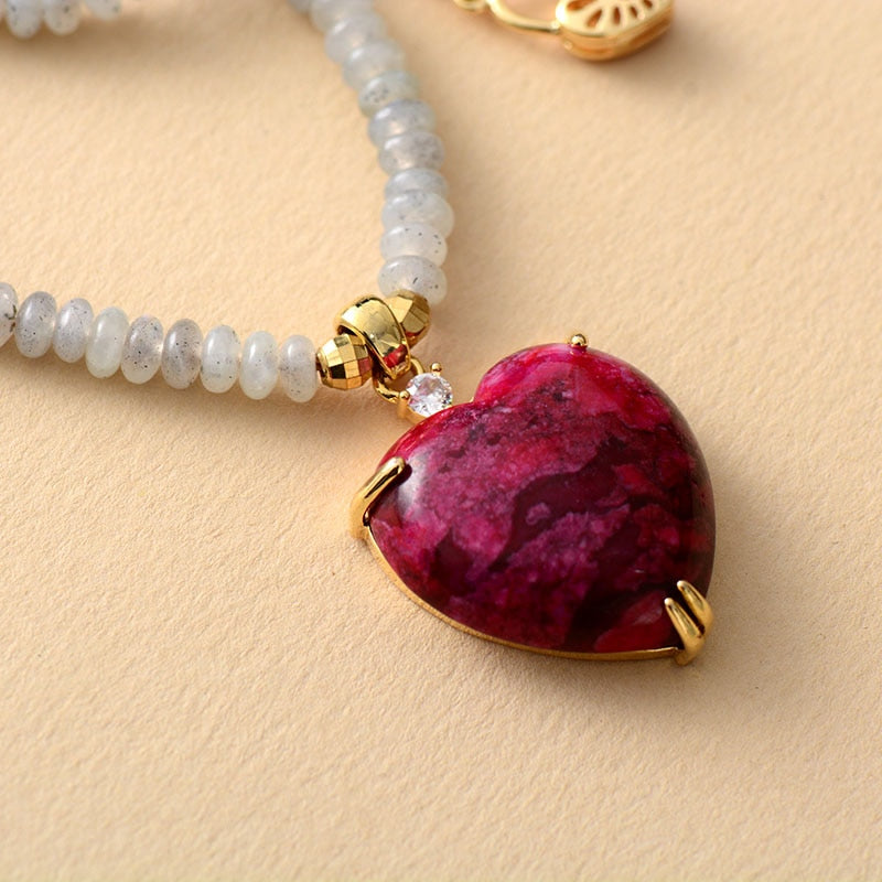 Skhek  New Classic Natural Stones Red Heart Pendant Necklace Women Exquisite Short Choker Collar Jewelry Gifts
