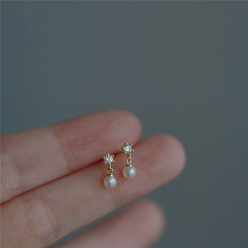 Skhek Exquisite Small Zircon Pearl Stud Earrings Women Charm Temperament Student Jewelry Accessories