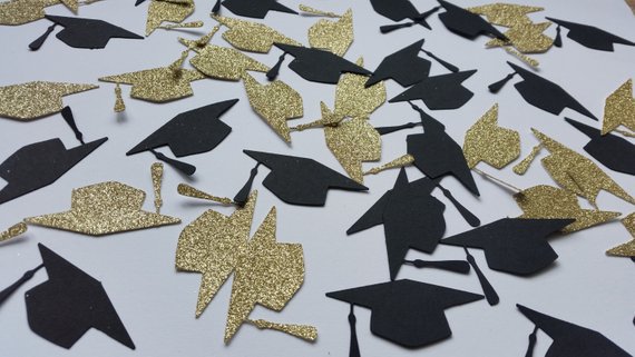 Skhek Graduation Party 100Pc/Pack Gold Black Bachelor Hat Round Glitter Paper Confetti 3CM Graduation New Year Party Decor Bachelor Cap Grad Congrats
