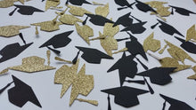 Load image into Gallery viewer, Skhek Graduation Party 100Pc/Pack Gold Black Bachelor Hat Round Glitter Paper Confetti 3CM Graduation New Year Party Decor Bachelor Cap Grad Congrats