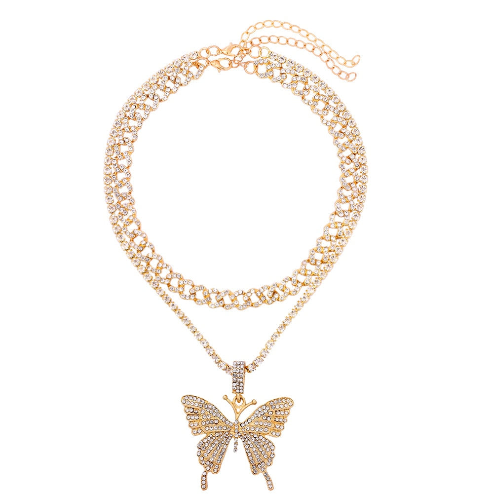 SKHEK Fashion Bling Rhinestone Big Butterfly Pendant Necklace For Women Pink Blue Crystal Cuban Chain Necklace Rapper Rock Jewelry