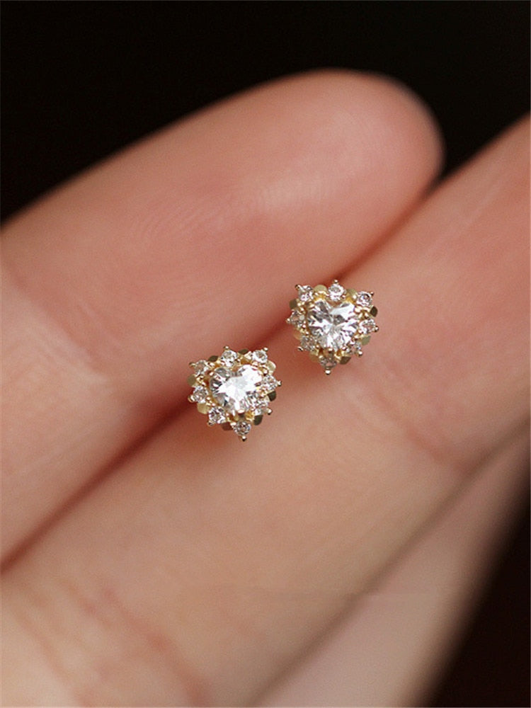 925 Sterling Silver Japanese Simple Crystal Heart Stud Earrings Women Light Luxury Temperament Plating 14k Gold Jewelry Gift