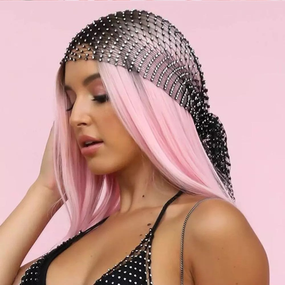 Skhek New Mesh Rhinestone Head Scarf Headwraps For Women Bling Crystal Headbands Headwear Female Fashion Hair Accessories