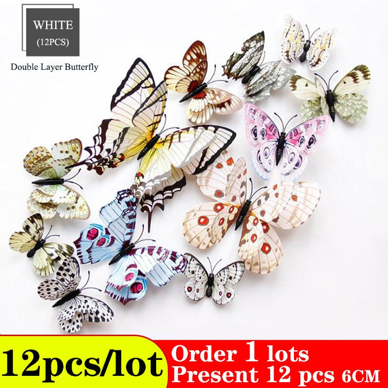 Skhek Butterflies Wall Stickers home decor Multicolor Double Layer 3D Butterfly Sticker 12Pcs/lot  for decoration on the living room
