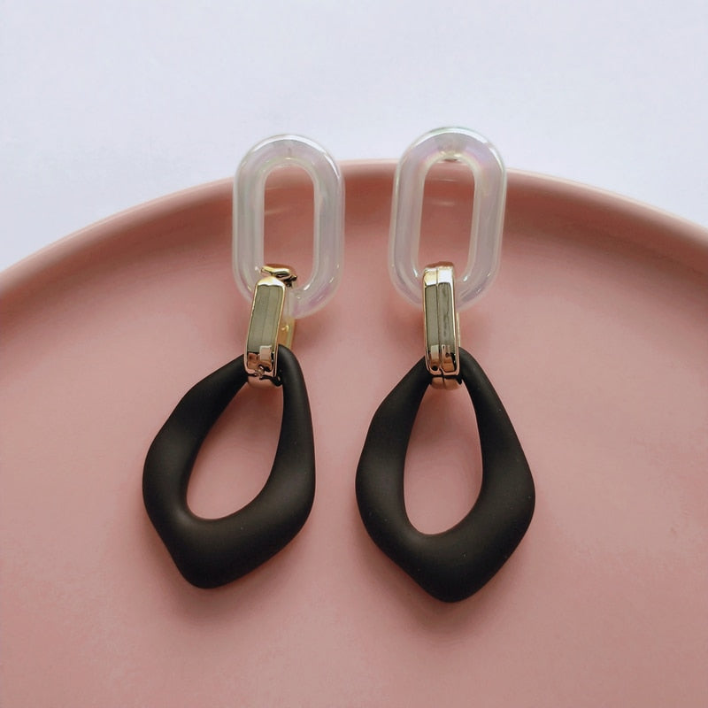 SKHEK 2022 Black White Contrast Color Acrylic Long Drop Earrings Stitching Geometric Round Chain For Women Girls Jewelry