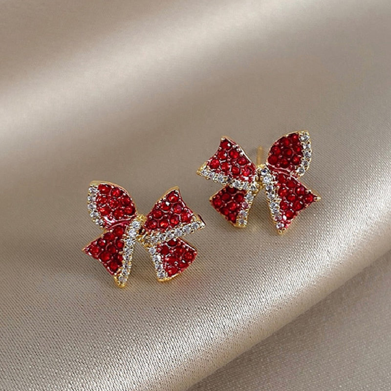 Christmas Gift Lucky Red Romantic Bow Stud Earring For Women Shiny Rhinestone Enamel Heart Bowknot Earrings Girls Christmas Festival Jewelry