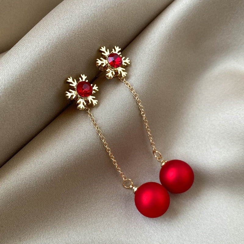 Christmas Gift Trendy Fashion Red Pearl Long Women's Earrings Wedding Christmas Snowflake Golden Temperament Girl Gift Jewelry Korean Earrings