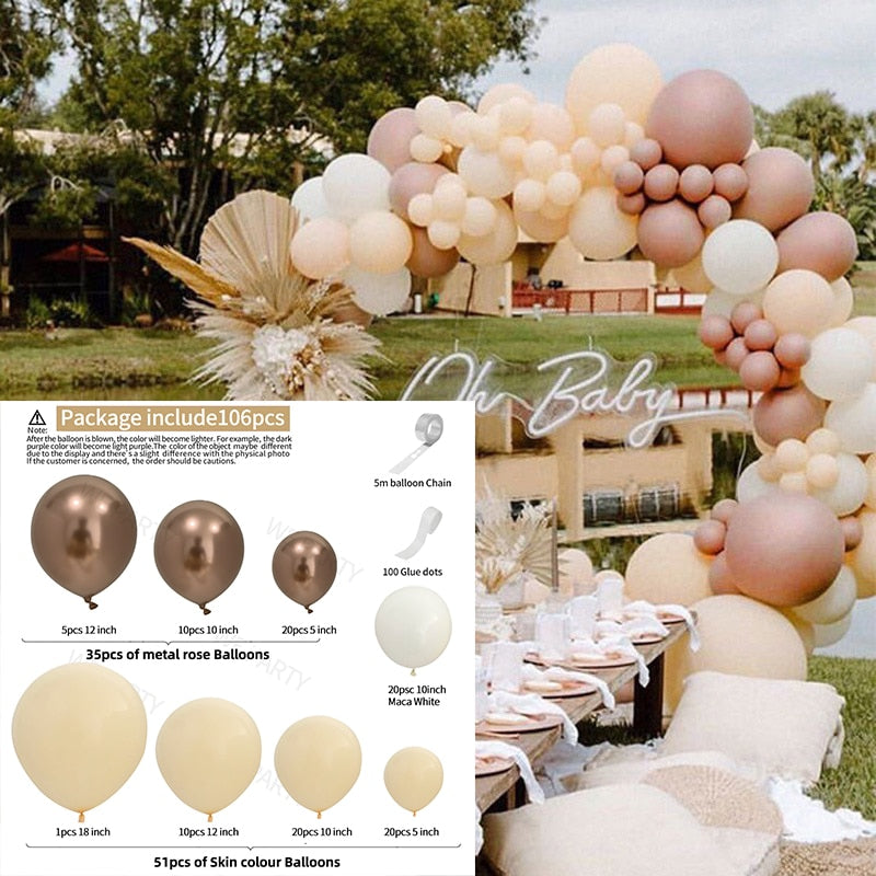106pcs Morandi Color Balloons Chain Set Chrome Rose Gold Ballon for Baby Shower Wedding Birthday Party Decoration Globos