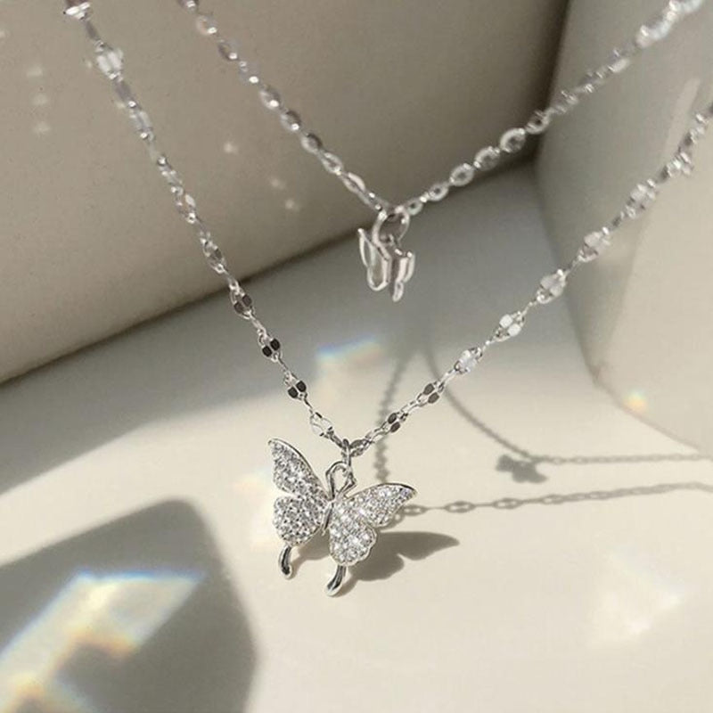 Korean Flash Crystal Butterfly Double Necklace For Women Simple Cute Design Silver Color Elegant Necklaces Wedding Jewelry Gifts