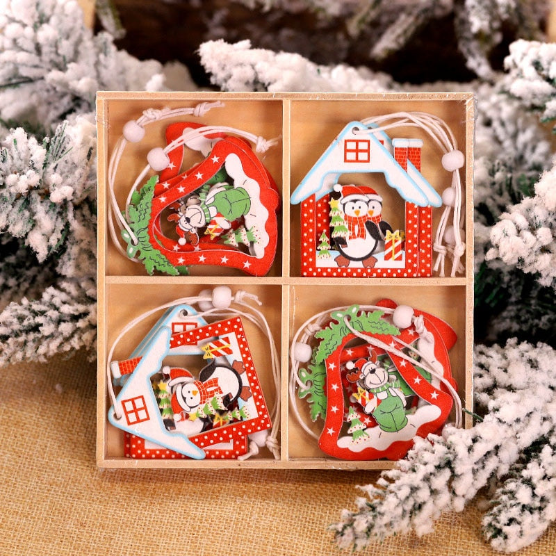 Christmas Gift 12Pcs Christmas Snowflakes Wooden Pendants Xmas Tree Ornaments Home Hanging Decor Christmas Decorations for Home Navidad 2021