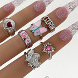 Skhek  Cute Pink Butterfly Ring Set for Women Gothic Angel Letter 