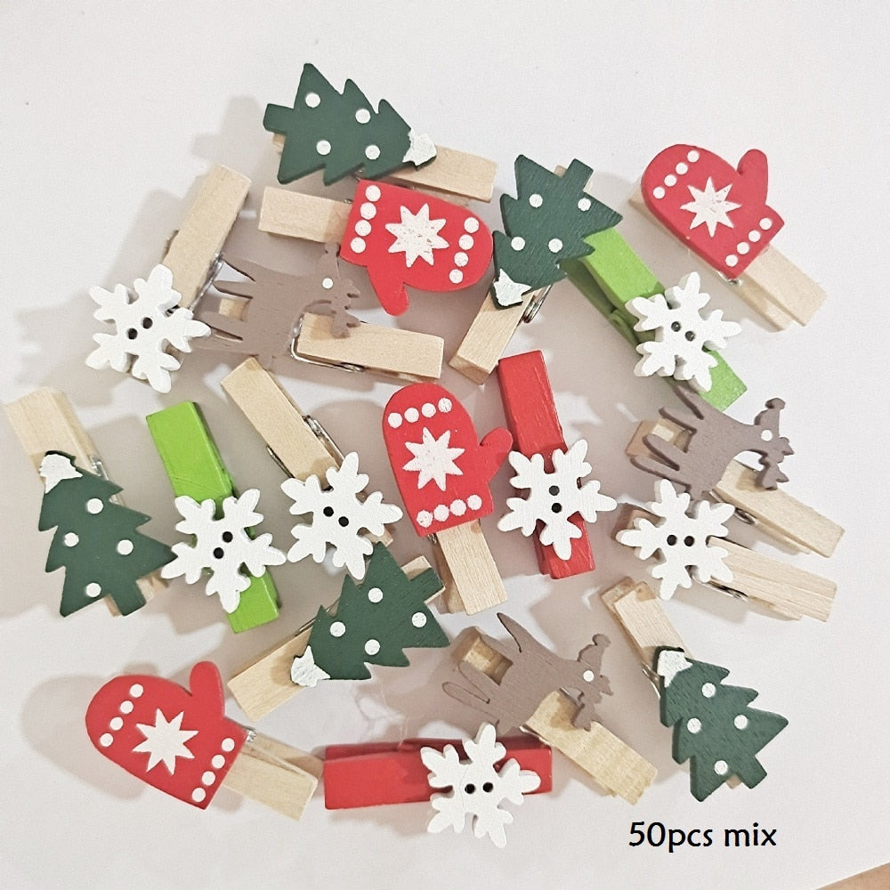 Christmas Gift 50pcs/pack Christmas Tree Wooden Clips DIY Photo Wall Wooden Crafts Snowflake Ornaments Navidad Kids Birthday Home Decoration