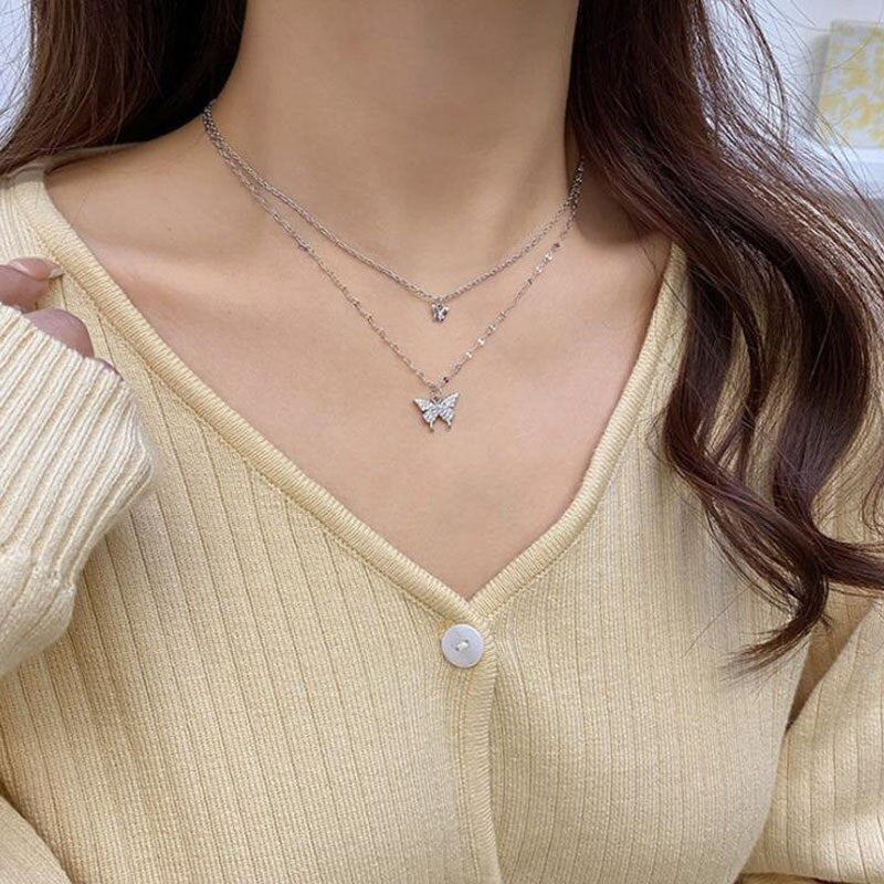 Korean Flash Crystal Butterfly Double Necklace For Women Simple Cute Design Silver Color Elegant Necklaces Wedding Jewelry Gifts