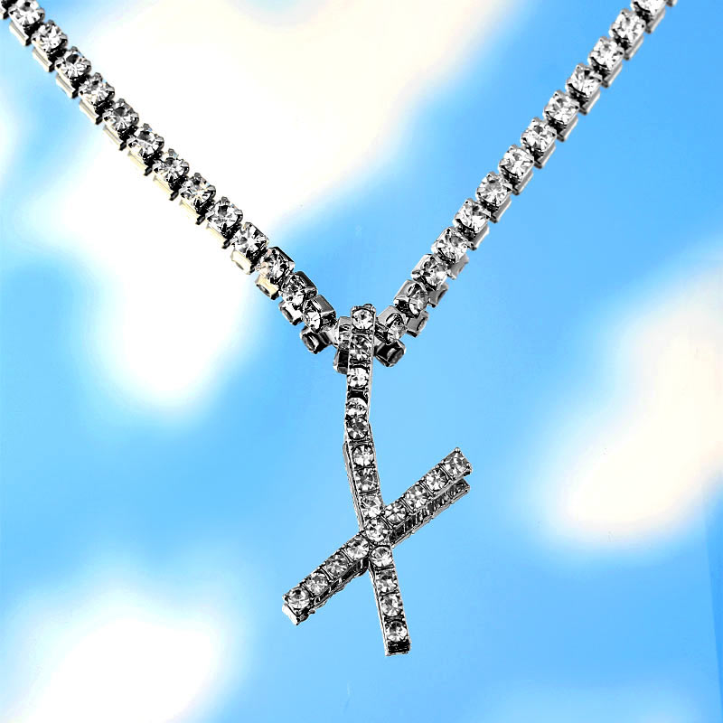 Skhek A-Z Custom Rhinestone Tennis Chain Letter Necklace For Women Men Hiphop Jewelry Alphabet Pendant Necklace Choker Chain