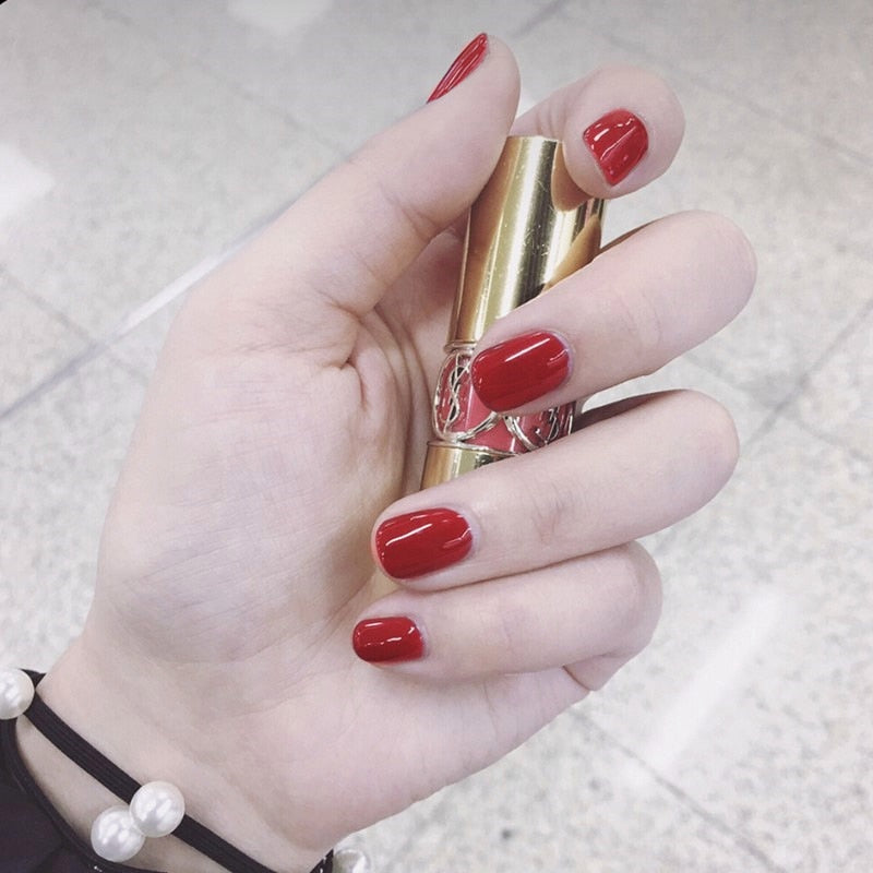 SKHEK New Women Sweet Manicure Decorations Short Red Elegnet Fake Nail Tips With Glue Full Cover Fashion Simple Solid Color False Nail