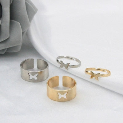 Skhek Silver Color Butterfly Rings For Women Men Lover Couple Ring Set Friendship Engagement Wedding Band Open Ring 2022 Trend Jewelry