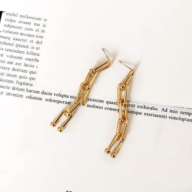 SKHEK 2022 Splice Geometric Hollow Detachable Chain Retro U Shape Long Drop Earrings For Women Girls Party Jewelry Simple Gift