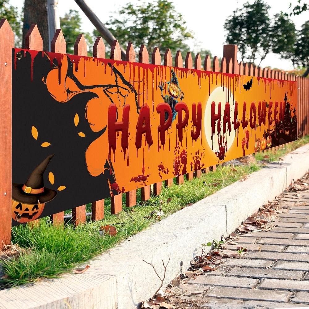 SKHEK 250X48cm Latest Happy Halloween Bloody Bat Pumpkin Ghost Print Party Backdrop Hanging Banner Halloween Decor