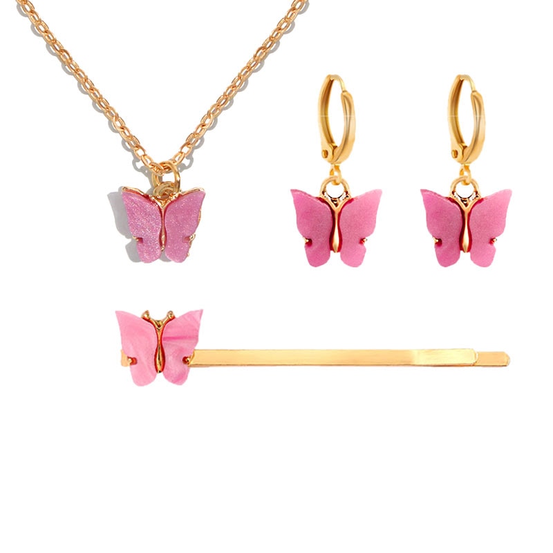 Skhek New Fashion Cute Multicolor Acrylic Butterfly Jewelry Sets For Women Sweet Girls Pendant Necklace Earrings Hairpin Set Gifts