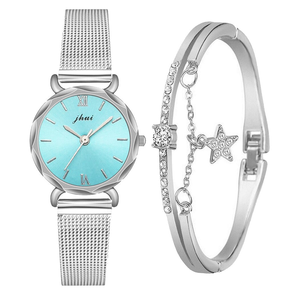 Christmas Gift Elegant 2pcs Set Women Watch Bracelet Set Rhinestone Sliver Ladies Watches Luxury Fashion Brand Clock Gift For Female Girlfriend