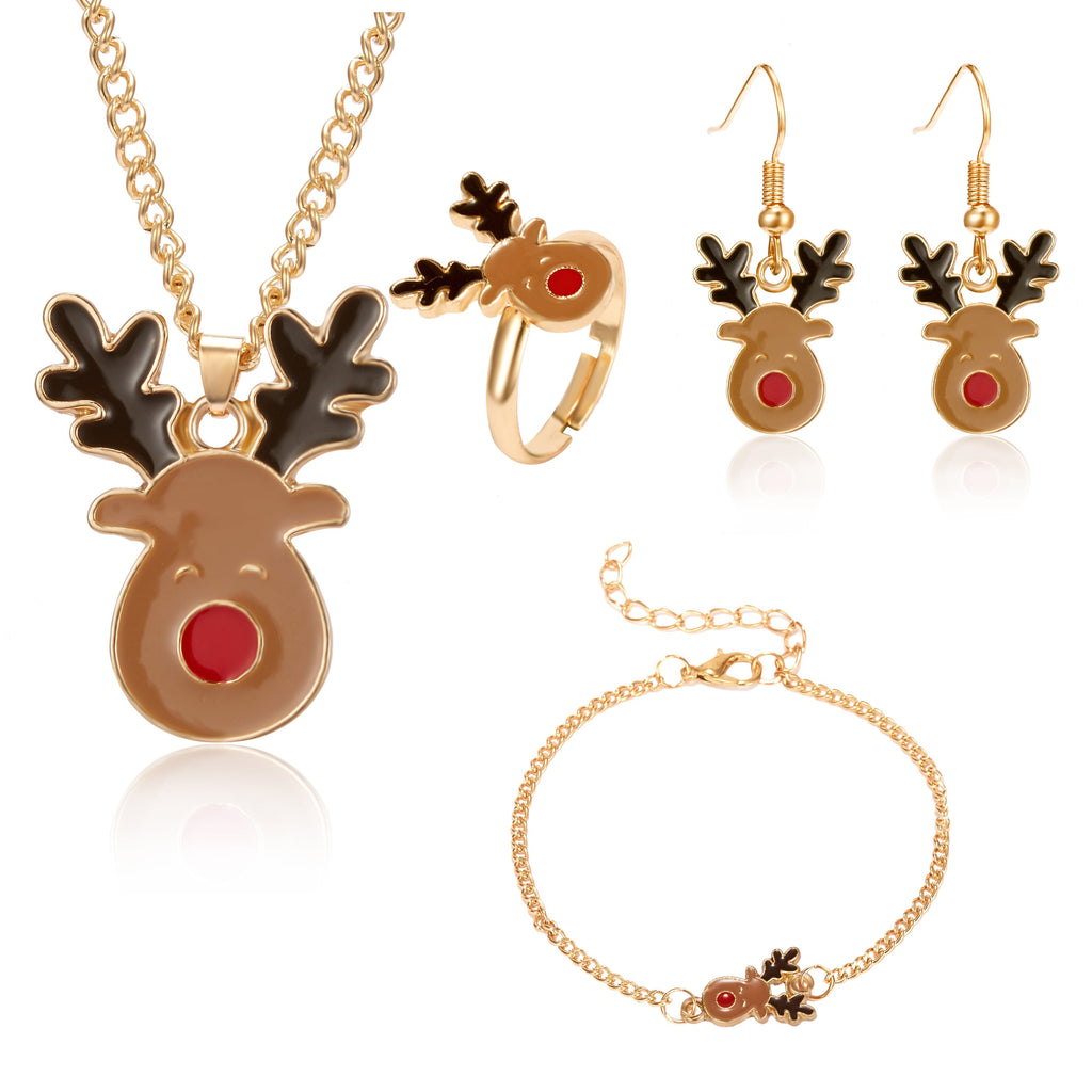 Christmas Gift Christmas Necklace Ring Earring Bracelet  Jewelry Four Set With Elk Moon Christmas Tree  For Women Girl Temperament Jewelry