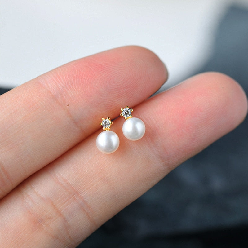 Christmas Gift HI MAN 925 Sterling Silver Simple Crystal Pearl Stud Earrings Women Fashion Charm Anniversary Gift Jewelry