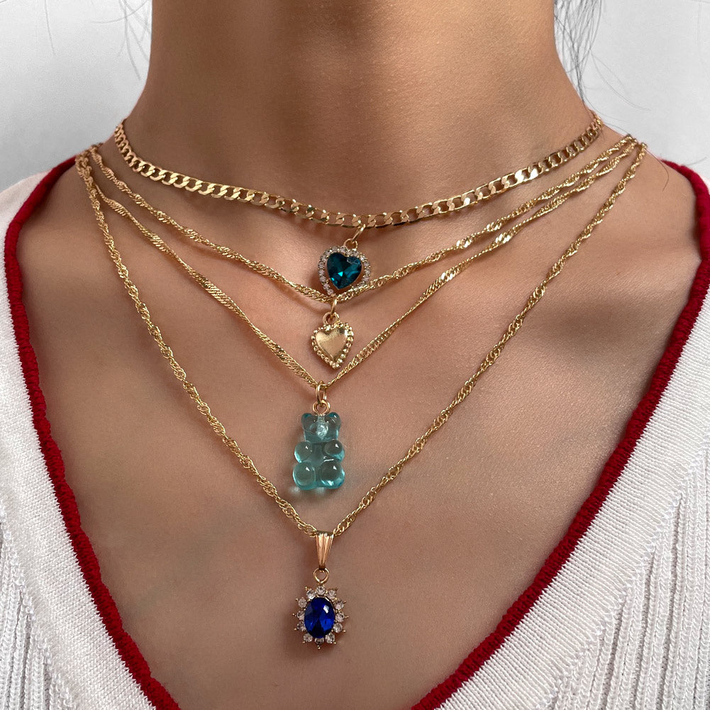 SKHEK New Fashion Blue Crystal Bear Gummy Pendant Necklace For Women Multi-Layer Gold Color Snake Chain Metal Link Necklace Jewelry