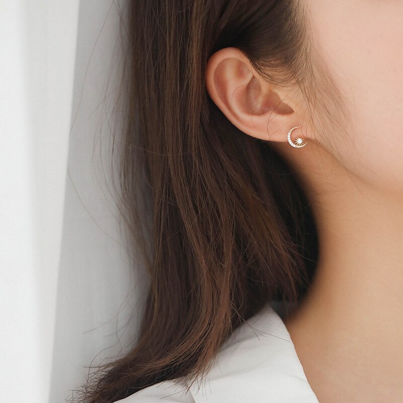 Sterling Alloy 14K Gold Plating Sun Moon Asymmetrical Stud Earrings Women Exquisite Sweet Student Jewelry Girlfriend Gift