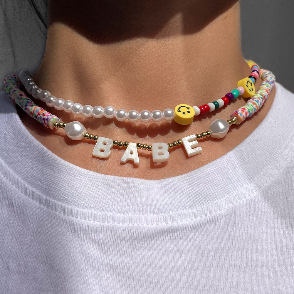 Skhek Personalized Letter Name Pearl Shell Beaded Choker Necklace For Women Custom Initial Alphabet Polymer Clay Bead Necklace Jewelry