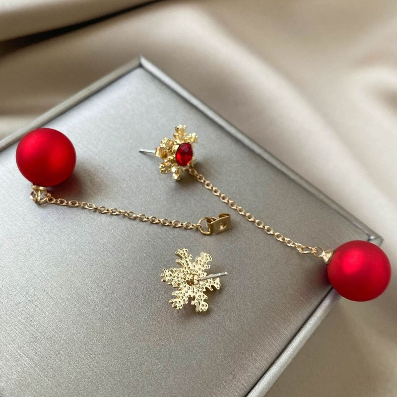 Christmas Gift Trendy Fashion Red Pearl Long Women's Earrings Wedding Christmas Snowflake Golden Temperament Girl Gift Jewelry Korean Earrings