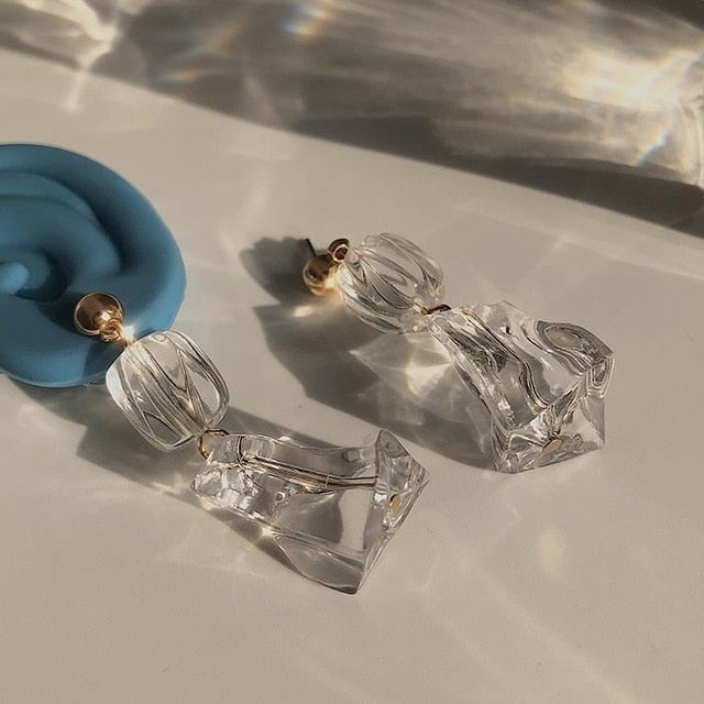 SKHEK 2022 New Geometric Transparent Crystal Acrylic Irregular Ice Cube Long Drop Earrings For Women Girls Jewelry Gifts