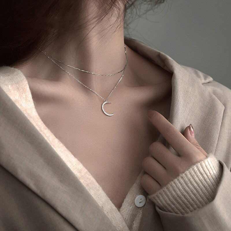 Skhek Hot Fashion Double-layer Moon Necklace Women Pendant Clavicle Chain Temperament Trendy Jewelry