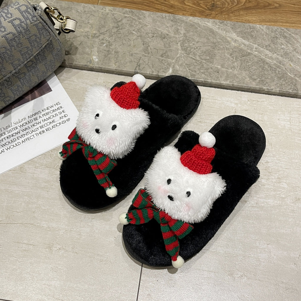 Slippers Women  Autumn and Winter Christmas Plush Slippers Female Cartoon Bear Baotou Home Cotton Slippers